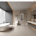 Modern Bathroom Interior With Free Standing Bathtub Glass Shower Vanity And Large Mirror