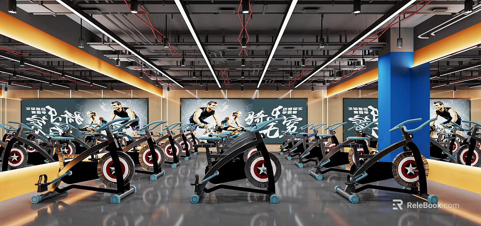 Modern Fitness Gym Interior With Spin Bikes And Wall Art 3d model 