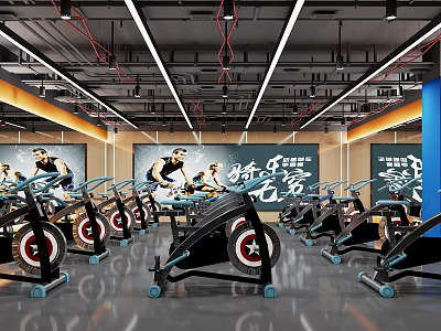 Modern Fitness Gym Interior With Spin Bikes And Wall Art 3d model