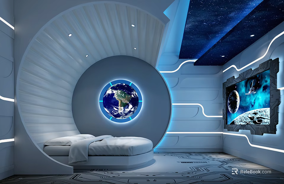 Modern Home Theater Interior With Circular Bed Starry Ceiling And Space Scene Screen 3d model 