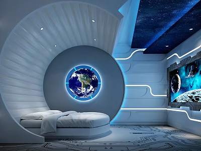 Modern Home Theater Interior With Circular Bed Starry Ceiling And Space Scene Screen 3d model