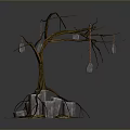 Wooden Tree Branch Ornament With Stone Cubes Base And Hanging Pendants