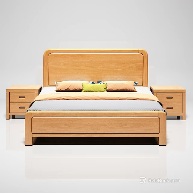 Wooden Double Bed With Bedside Tables And Colorful Pillows In Modern Design 3d model 