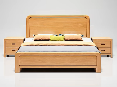 Wooden Double Bed With Bedside Tables And Colorful Pillows In Modern Design 3d model