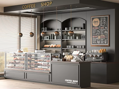Modern Coffee Shop Interior With Display Cases Pastries Chalkboard Menu And Pendant Lights 3d model