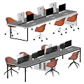 Modern Office Desk Setup With Computer Monitors And Orange Pink Chairs 3d model