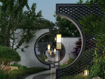 Traditional Courtyard Garden With Circular Lattice Gates Hanging Lanterns And Stone Path 3d model