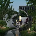 Traditional Courtyard Garden With Circular Lattice Gates Hanging Lanterns And Stone Path