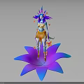 Female Character With Floral Headdress Standing On Large Purple Blue Gradient Flower With Falling Petals