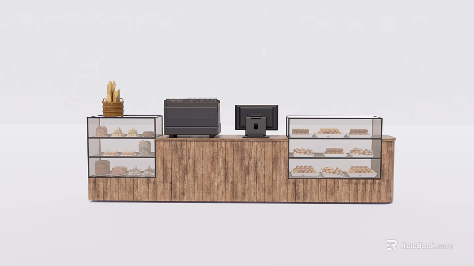 Wooden Bakery Reception Counter With Glass Display Cases Cash Register And Bread Baskets 3d model 