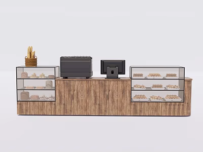 Wooden Bakery Reception Counter With Glass Display Cases Cash Register And Bread Baskets 3d model