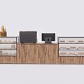 Wooden Bakery Reception Counter With Glass Display Cases Cash Register And Bread Baskets