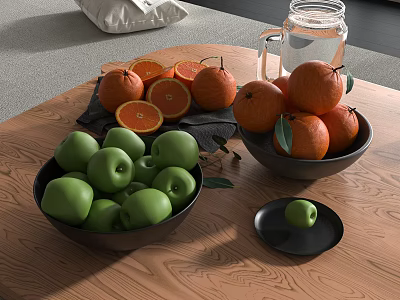 Fresh Fruits Green Apples and Oranges In Black Bowls and Small Plate On Wooden Table 3d model