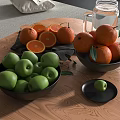 Fresh Fruits Green Apples and Oranges In Black Bowls and Small Plate On Wooden Table