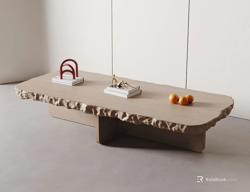 Natural Wooden Coffee Table with Irregular Edge Featuring Red Arched Decor Small Object and Oranges 3d model