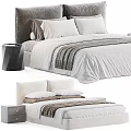 Modern Upholstered Double Bed With White Sheets Gray Blanket Plush Pillows And Nightstand