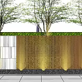 Modern Landscape Feature Wall With White Gold Panels And Stone Pavement Surrounded By Trees