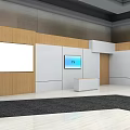 Modern Hall Interior With Gray Carpet White And Wooden Walls Blue Equipment And Screens