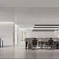 Modern Curved White Reception Desk With Staff Sofa Green Plants And Circular Ceiling Lights