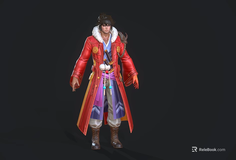 Game Character Wearing Red Robe With White Fur Collar And Long Hair 3d model 