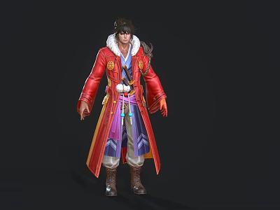 Game Character Wearing Red Robe With White Fur Collar And Long Hair 3d model
