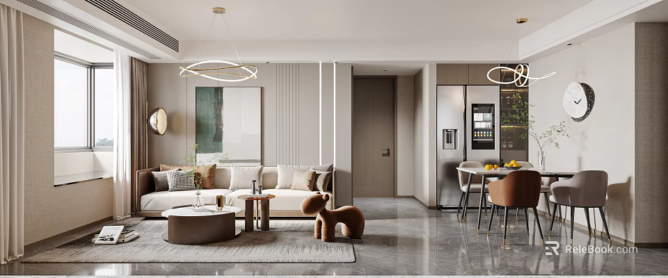 Modern Living and Dining Room Interior With Sofa Dining Table Pendant Lights and Decorative Elements 3d model