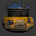 Worn Round Mechanical Object With Blue Top Yellow Base And Side Labels