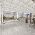 Modern Front Desk Reception Featuring Marble Floor Wooden Shelves White Grid Ceiling And Logo Wall