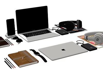 Modern Laptop And Tablet Setup With Smartphone Headphones Notebook And Pens 3d model