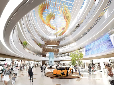 Modern Shopping Mall Interior With Glass Dome Spiral Decoration And Orange Sports Car 3d model