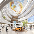 Modern Shopping Mall Interior With Glass Dome Spiral Decoration And Orange Sports Car