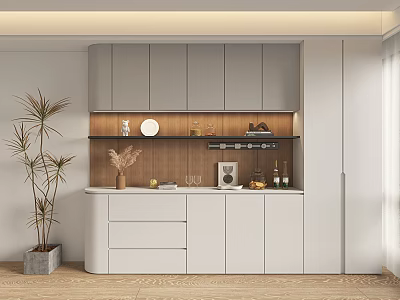 Modern Minimalist Sideboard With Gray White Cabinets Wooden Shelf Plates And Wine Glasses Decor 3d model