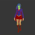 Blonde Superhero Female Character Standing In Blue Top Red Skirt Red Boots With Yellow Emblem
