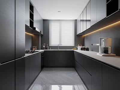 Modern Kitchen Interior With Black Cabinets White Countertop Large Window And Coffee Machine 3d model