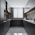 Modern Kitchen Interior With Black Cabinets White Countertop Large Window And Coffee Machine 3d model