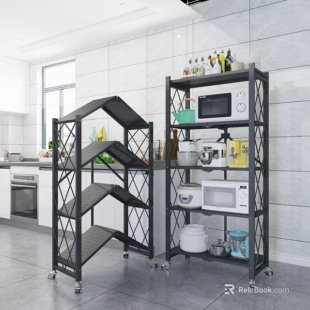 Modern Kitchen Storage Racks With Multilayer Design Wheels Microwave And Cookware On White Tile Wall 3d model 