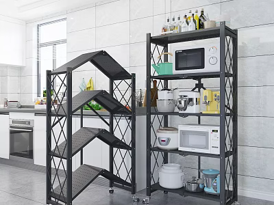 Modern Kitchen Storage Racks With Multilayer Design Wheels Microwave And Cookware On White Tile Wall 3d model