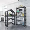 Modern Kitchen Storage Racks With Multilayer Design Wheels Microwave And Cookware On White Tile Wall 3d model