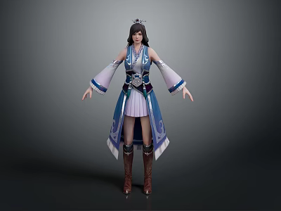 3D Model Traditional Costume Character With Blue And White Robe Long Sleeves And Brown Boots 3d model