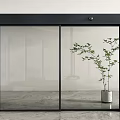 Modern Glass Sliding Door With Black Frame And Potted Plant In Indoor Space