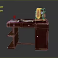 Vintage Brown Desk Setup With Radio Table Lamp Cards Drawers And Shelves