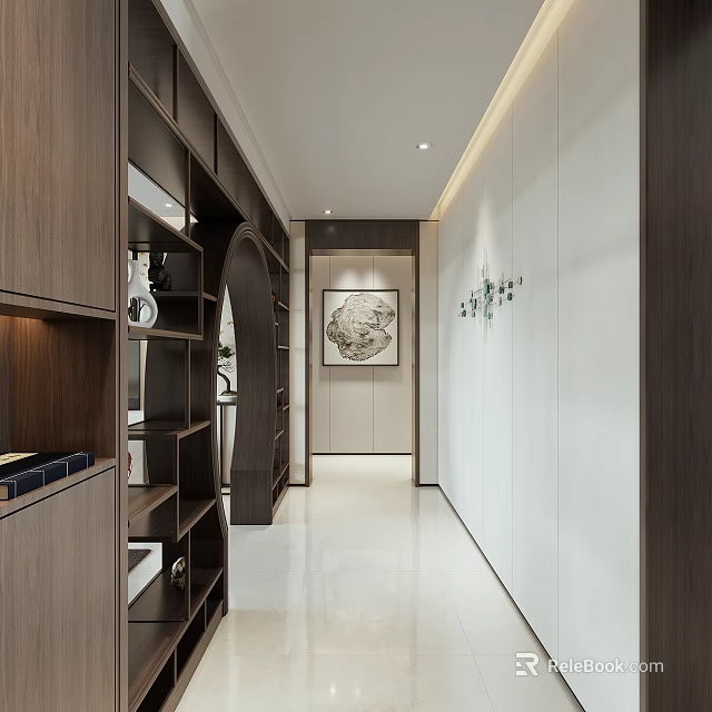 Modern Foyer Hallway Interior With Wooden Cabinets Decorative Painting And Recessed Lighting 3d model 