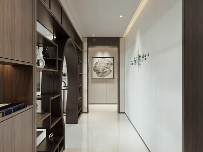 Modern Foyer Hallway Interior With Wooden Cabinets Decorative Painting And Recessed Lighting 3d model