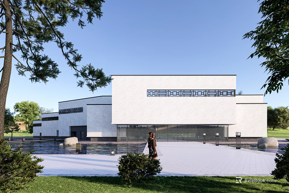 Modern Cultural Center Building Exterior Design With White Facade Plaza And Greenery 3d model 