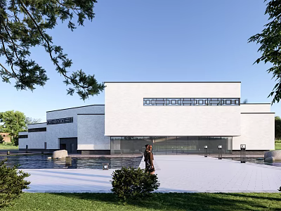 Modern Cultural Center Building Exterior Design With White Facade Plaza And Greenery 3d model