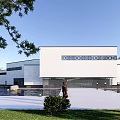 Modern Cultural Center Building Exterior Design With White Facade Plaza And Greenery