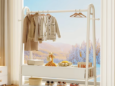 White Clothes Rack with Hanging Clothes and Shelf Items in Bright Room with Mountain View 3d model