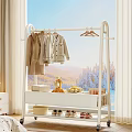 White Clothes Rack with Hanging Clothes and Shelf Items in Bright Room with Mountain View 3d model