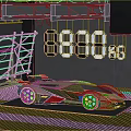 Green Sports Car Displayed With 888 Numbers Scaffolding And Lighting Equipment On Yellow Lines Floor