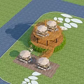 Circular Wooden Deck Road Facilities With Spiral Staircase Railing Lawn Sun Umbrellas And Loungers